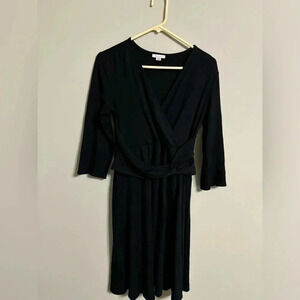 Garnet Hill Black Peplum Dress Size Medium V Neck 3/4 Sleeves Knee Length Wool